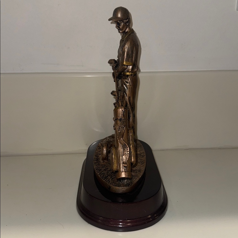 Bronze Golfer and Golf Bag Sculpture Trophy on Dark Wood Base - Picture 3 of 4